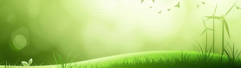 A serene green landscape with soft grass, small plants, and wind turbines, evoking a sense of nature and sustainability.