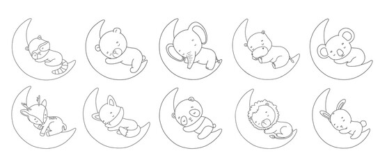 Baby lion, bunny and bear sleep on moon, vector line illustrations set for coloring book. Safari and woodland animals, outline drawing