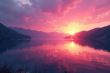 Fototapeta premium Soft pink light fades over Iset reservoir waters at sunset, lake, sun
