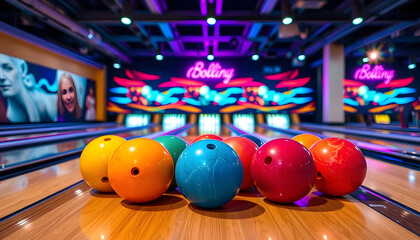 Vibrant neon-lit bowling balls on a polished lane at a modern bowling alley