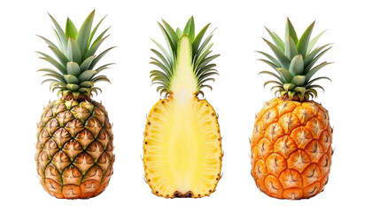 Fresh Pineapples Whole and Halved on Black Background for Food Concepts