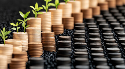 Growing money staircase with green plant on top of coin stack