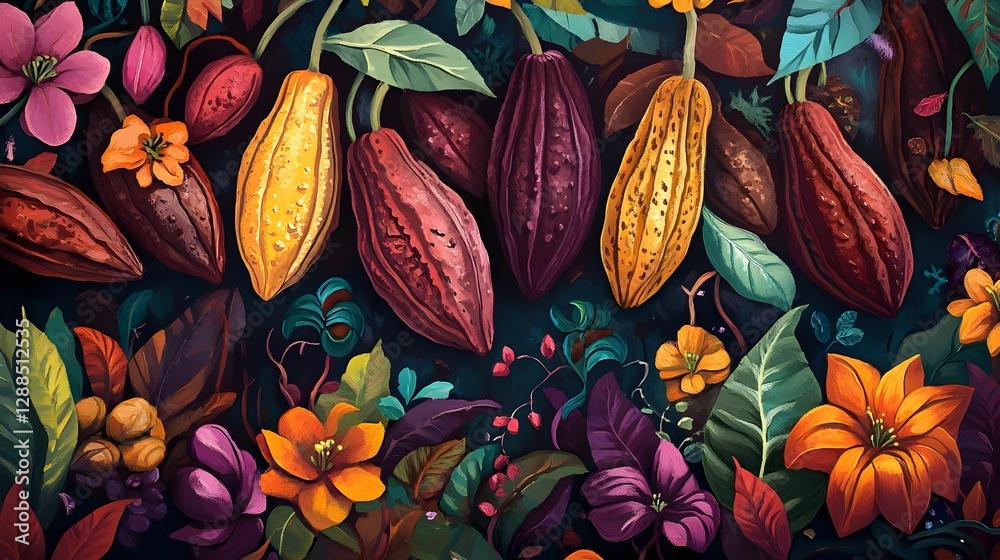 Poster vibrant and colorful tropical foliage and cocoa pods against a lush rainforest background closeup of