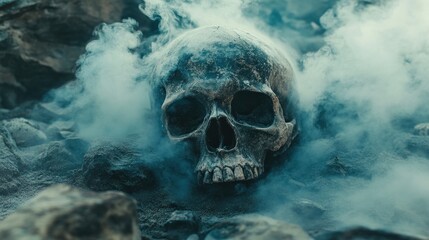 Smoky Skull Rocks Halloween Mystical Scene