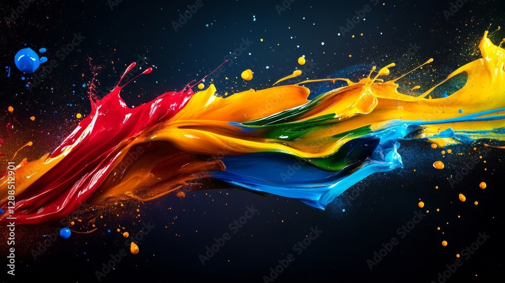 Poster Vibrant splash of multicolored paint on dark background, dynamic and artistic expression. Abstract art and creativity concept