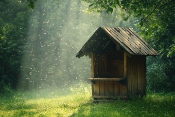 Rustic wooden beehive surrounded by a lush green meadow in early morning light. Generative AI