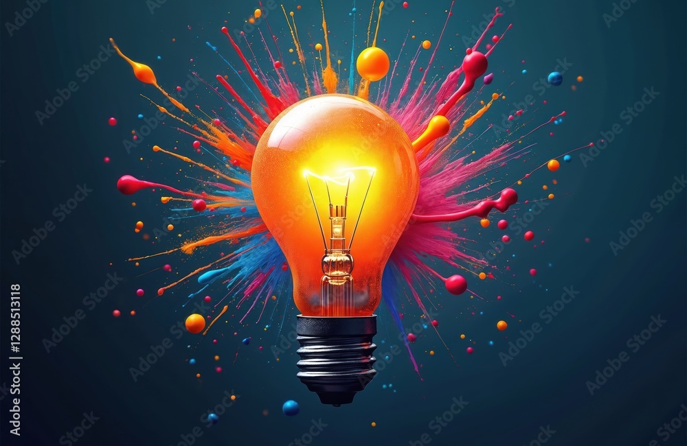 Poster creative explosion with light bulb, vibrant paint splashes. innovation, creativity concept. colourfu