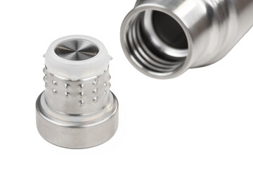 Stainless steel thermos and stopper. No plastic. Utensils to keep drinks hot while traveling. Isolate on white background.