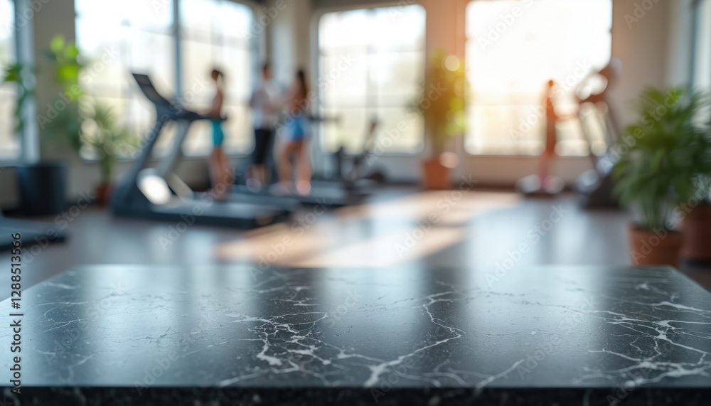 Poster empty black marble stone table top with blurred bokeh gym interior. exercise room, fitness center ba