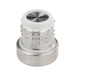 Single stainless steel thermos stopper. No plastic. Utensils to keep drinks hot while traveling. Isolate on white background