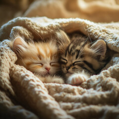 Naklejka premium Two fluffy kittens cuddling under a warm knitted blanket.