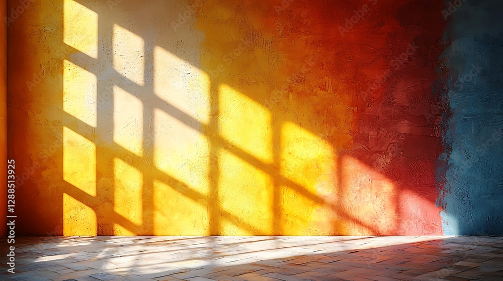 Poster sunlight through window casts shadows on colorful wall, creating abstract art interior