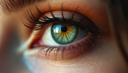 Naklejka premium Macro close-up of a female eye with a natural makeup. Beautiful green iris and long eyelashes. Perfect vision, optical health concept. Eye care product promo. Vision correction, eye surgery.
