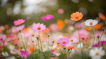 Obraz premium Breathtaking field of blooming pink and white cosmos under a clear sky. Petals unfurl amidst vibrant greens, creating an enchanting floral tapestry