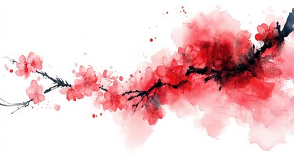 A watercolor illustration of cherry blossoms with vibrant red hues on a white background.