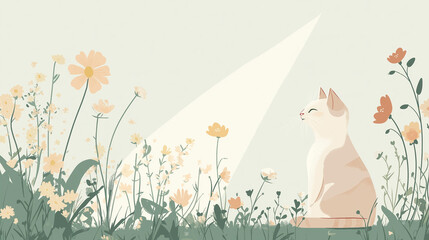 Cat sitting in a field of wildflowers under sunlight.