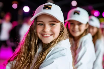 Young dancers smiling and wearing white hoodies and hats are posing in a dance studio