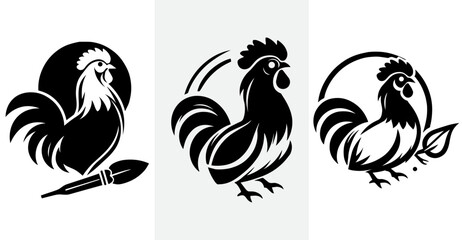 stylized chicken, black and white rooster silhouettes illustration, minimalist design