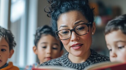 Obraz premium Woman reading book to kids at home, blurred background