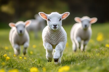Lambs running on fresh green meadow during sunset