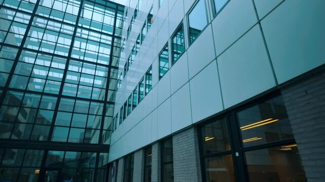 Exterior view of a modern hospital building with glass panels and steel framework. Reflection of the sky and surrounding structures visible on the surface. Location: Groningen UMCG, Netherlands.