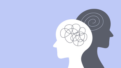Silhouettes of two overlapping heads, one with a tangled scribble and the other with a smooth spiral, symbolizing mental health, thoughts, and mindfulness