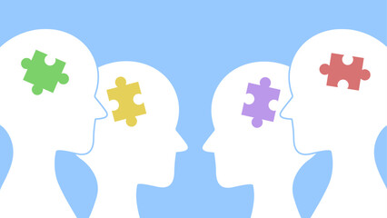 Four human heads with colorful puzzle pieces inside, symbolizing thinking, problem-solving, communication, and teamwork on a blue background