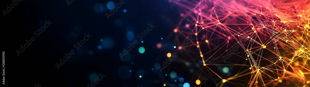 Poster Vibrant and Energetic Abstract Digital Network Explosion with Luminous Particles and Gradient Lights creating a Futuristic Dynamic and Innovative Technology Concept
