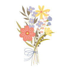 A bouquet of spring garden flowers and leaves. A summer bouquet of wild plants. Composition of flowering plants