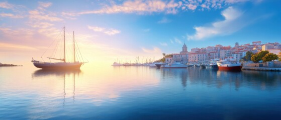 Naklejka premium Scenic Sunrise over Calm Harbor with Boats and Colorful Sky