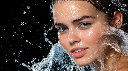 Fototapeta premium Woman, splashing, water, face, studio, beauty, skincare, ad