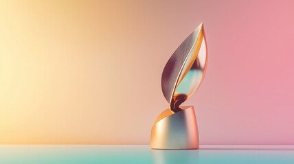 sleek trophy with modern silhouette, featuring leaf design, stands against colorful gradient background, symbolizing achievement and elegance