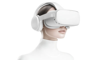Woman immersed in virtual reality, exploring a digital world through headset. experience the future of technology.