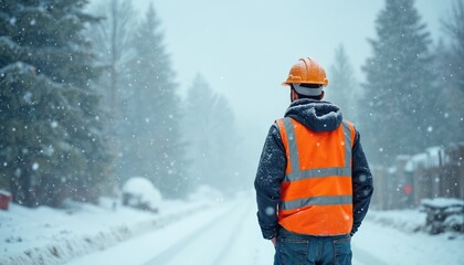 Construction worker in orange vest and hard hat stands in snowing weather. Snowy winter landscape. Male with backview looks at road in blizzard. Cold frost ice snowfall. Site safety concept.