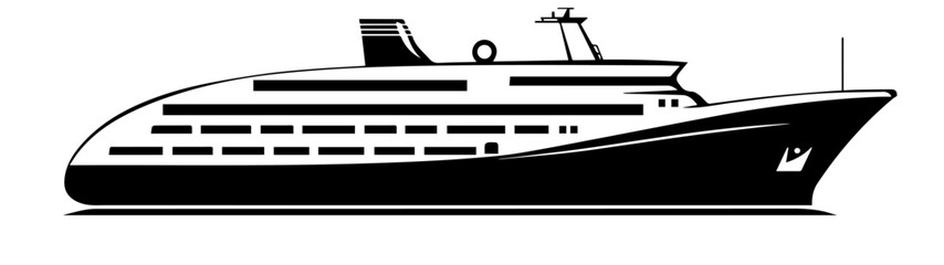 Black and white illustration of a cruise ship. Large passenger ship.