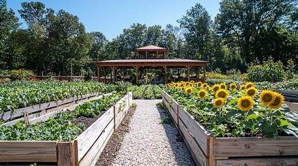 Obraz premium Sunny flower and vegetable garden with walking path and wooden structure background