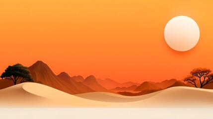 Breathtaking desert landscape with curving golden sand dunes and a vibrant sunset horizon creating a serene and tranquil atmosphere against a smooth empty sky