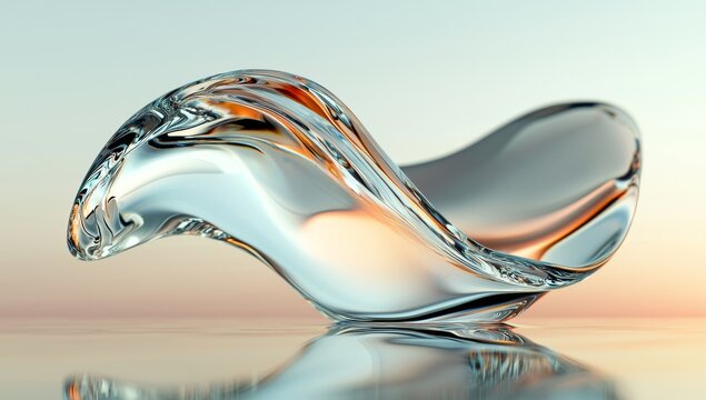 A holographic shape in motion is depicted in an abstract 3D render, set against a seascape backdrop with a glass ribbon on the water, creating a unique digital art piece suitable for banner