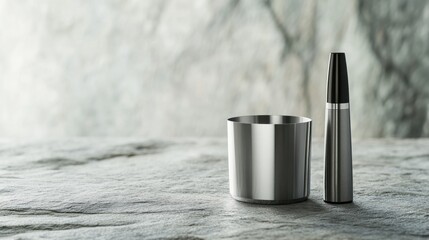 Vaping device on a smooth stone surface with a metallic cup. Featuring modern elegance and sleek design