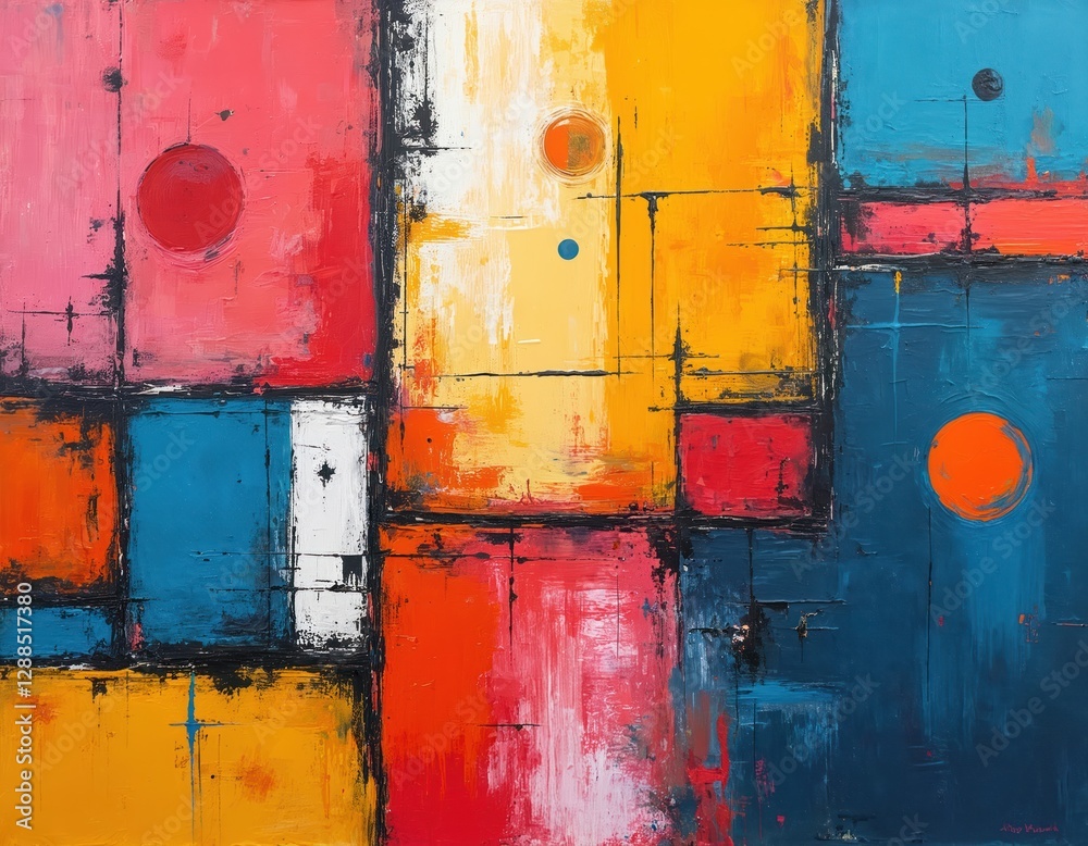 Aufkleber abstract hand painting background. geometric design with squares, circles and lines in vivid colors.