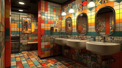 Retro-tiled restroom, vibrant design, colorful mosaic walls, restaurant background, interior design