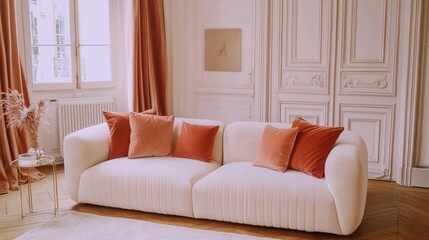Parisian apartment, chic sofa, coral pillows, sunlight, interior design