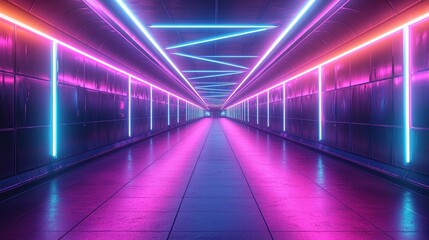 Fototapeta premium Perspective tunnel with neon lights, pink and blue, modern interior background