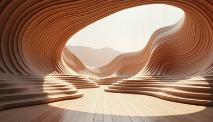 Abstract architectural space with flowing wooden curves in warm tones, futuristic design