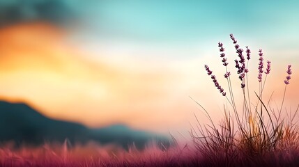 Breathtaking landscape of soft hazy lavender fields glowing in warm sunset tones creating a dreamy serene atmosphere with open white space in the center for text or copy