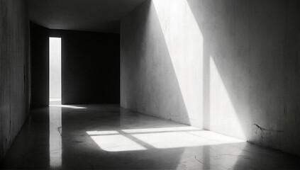 This minimalist interior scene showcases stark walls illuminated by strong light, creating a striking contrast and emphasizing emptiness and architectural beauty.