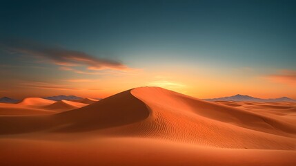 Obraz premium Breathtaking landscape of sweeping desert dunes bathed in the warm glow of a setting sun The golden horizon stretches out endlessly with a smooth cloudless sky above