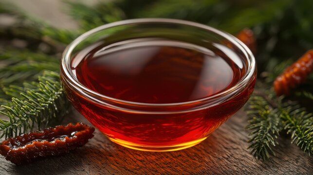 Amber Liquid in Glass Bowl with Evergreen and Dried Fruit - Powered by Adobe