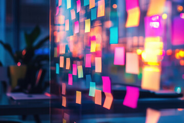 Fototapeta premium Colorful sticky notes adorn a glass wall in a vibrant office setting, reflecting creative brainstorming and collaboration.