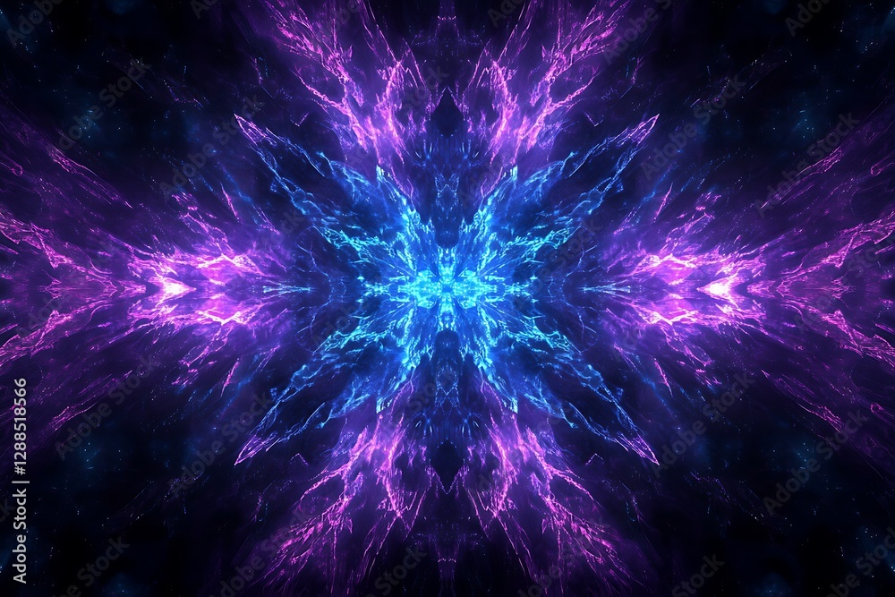 Poster abstract symmetrical glowing neon light fractal.